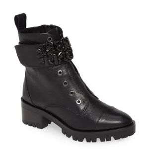 NWT Karl Lagerfeld Paris Women's Pippa Jeweled Pebbled Leather Lug/Combat Boots